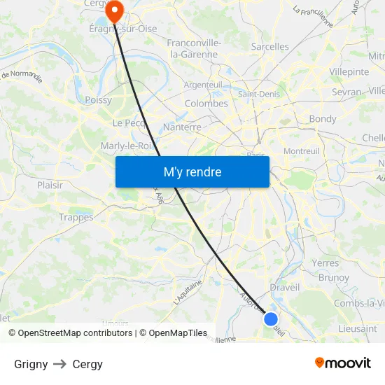 Grigny to Cergy map