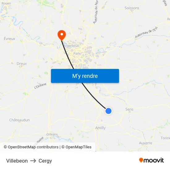 Villebeon to Cergy map