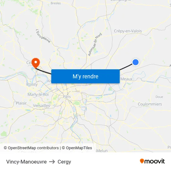 Vincy-Manoeuvre to Cergy map