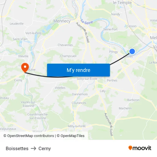 Boissettes to Cerny map