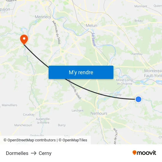 Dormelles to Cerny map