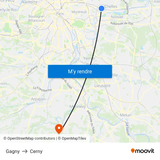 Gagny to Cerny map