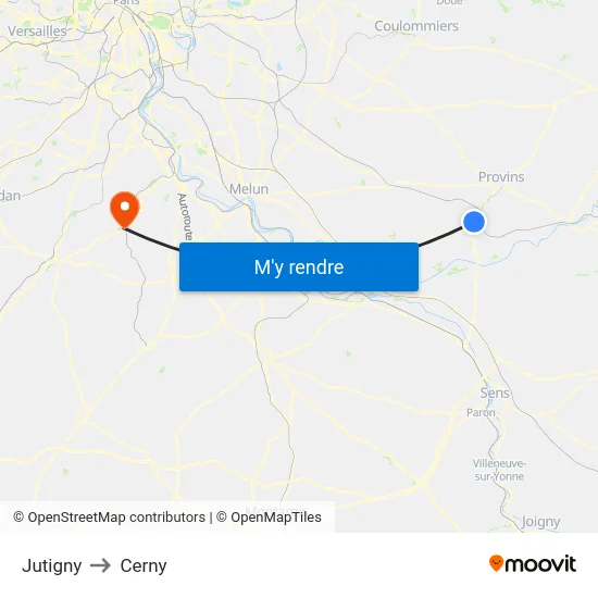 Jutigny to Cerny map