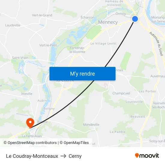 Le Coudray-Montceaux to Cerny map