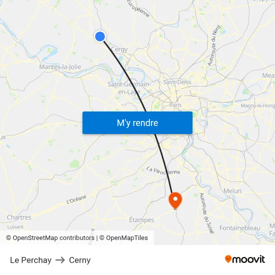 Le Perchay to Cerny map