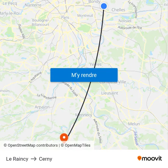 Le Raincy to Cerny map