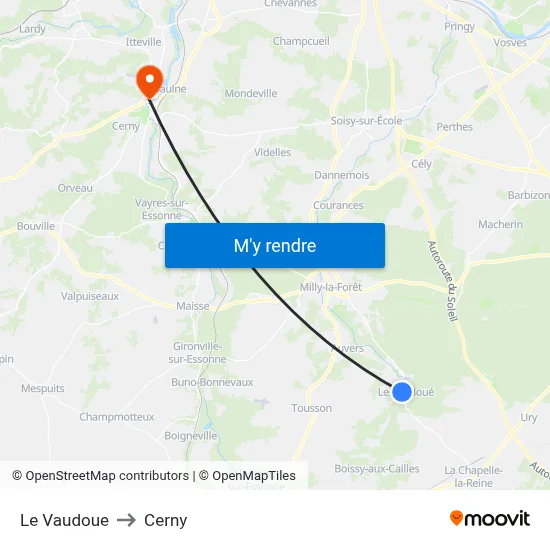 Le Vaudoue to Cerny map