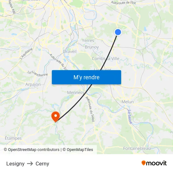 Lesigny to Cerny map