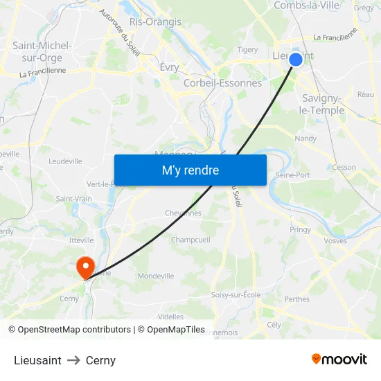 Lieusaint to Cerny map