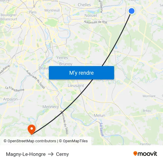 Magny-Le-Hongre to Cerny map