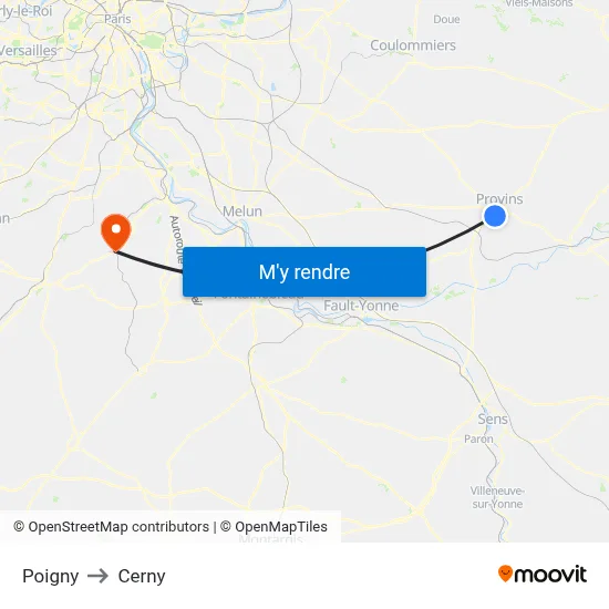Poigny to Cerny map