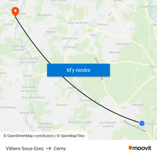 Villiers-Sous-Grez to Cerny map