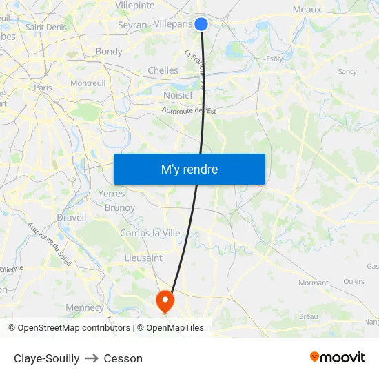 Claye-Souilly to Cesson map