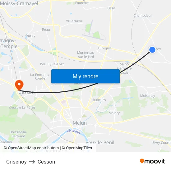 Crisenoy to Cesson map
