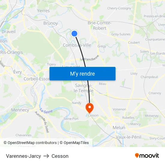 Varennes-Jarcy to Cesson map