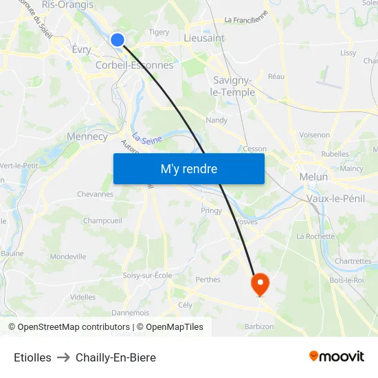 Etiolles to Chailly-En-Biere map