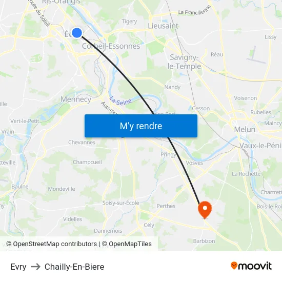 Evry to Chailly-En-Biere map