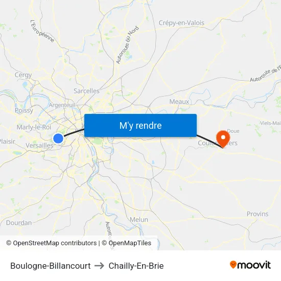 Boulogne-Billancourt to Chailly-En-Brie map