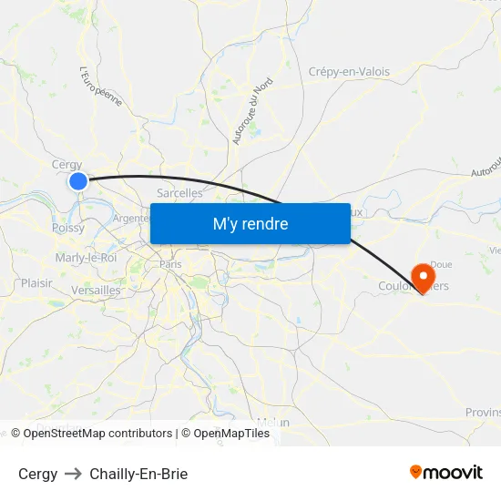 Cergy to Chailly-En-Brie map