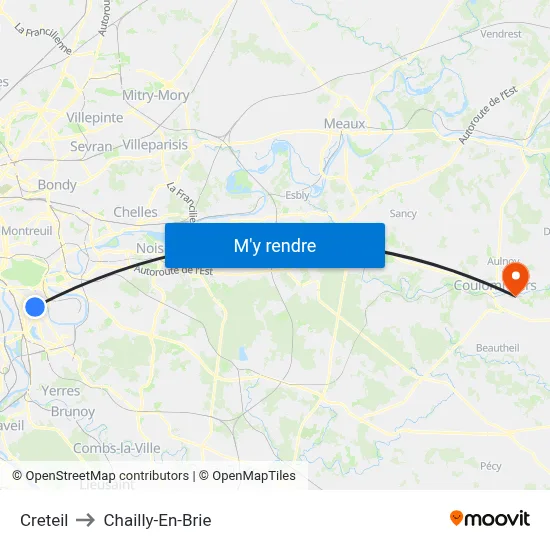 Creteil to Chailly-En-Brie map