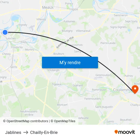 Jablines to Chailly-En-Brie map