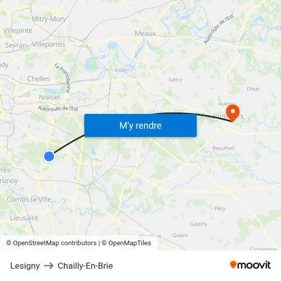 Lesigny to Chailly-En-Brie map