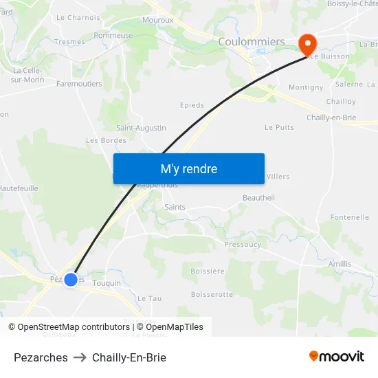 Pezarches to Chailly-En-Brie map