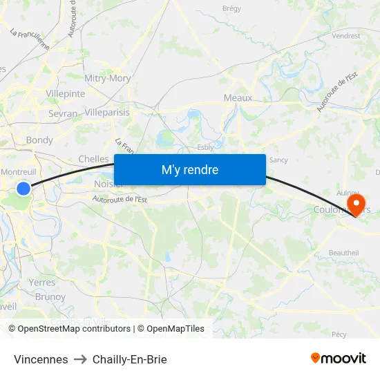 Vincennes to Chailly-En-Brie map