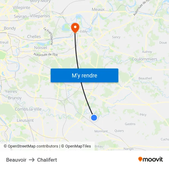 Beauvoir to Chalifert map