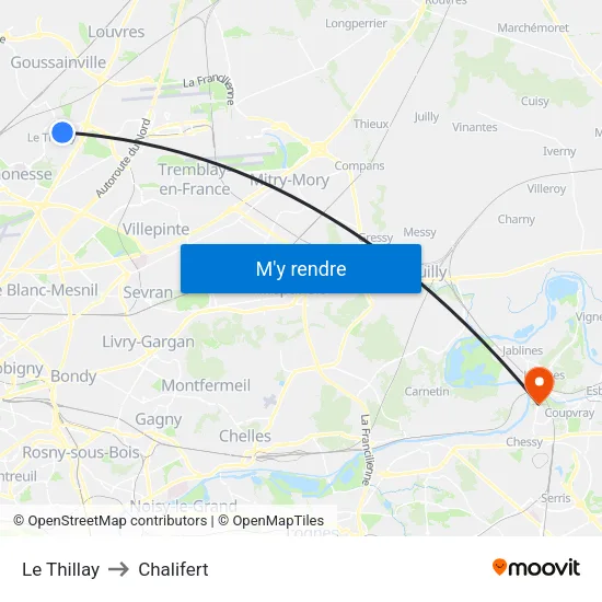 Le Thillay to Chalifert map