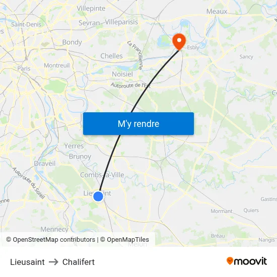 Lieusaint to Chalifert map