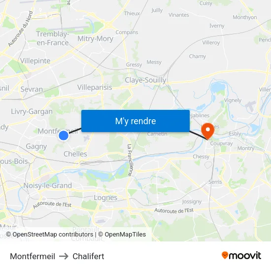 Montfermeil to Chalifert map