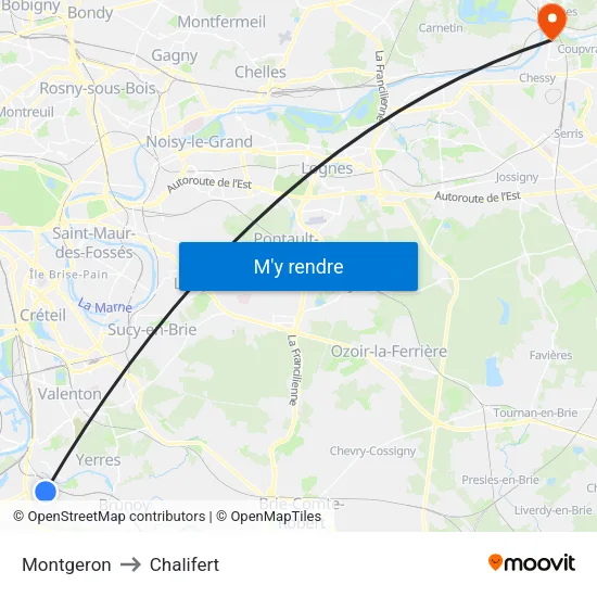 Montgeron to Chalifert map
