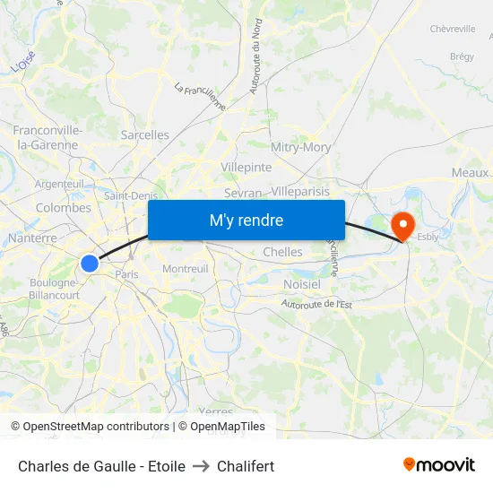 Charles de Gaulle - Etoile to Chalifert map