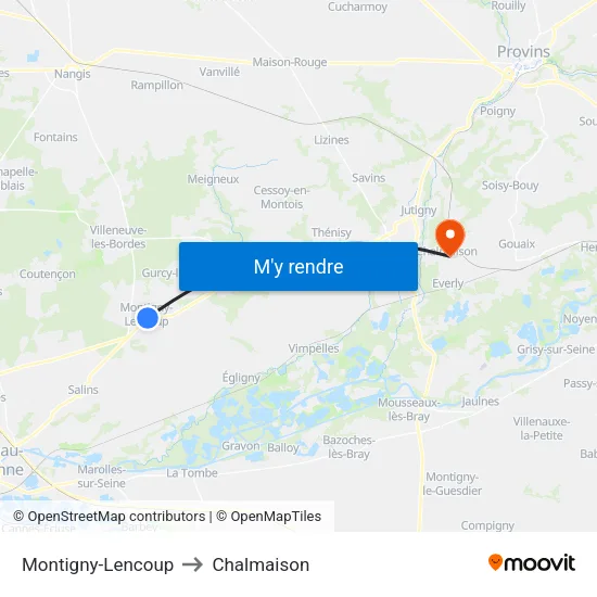 Montigny-Lencoup to Chalmaison map
