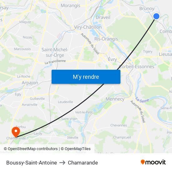 Boussy-Saint-Antoine to Chamarande map