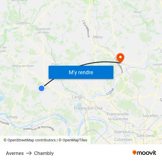 Avernes to Chambly map