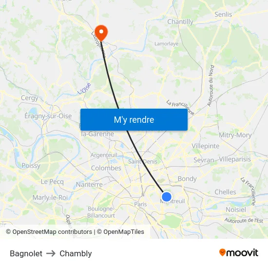 Bagnolet to Chambly map