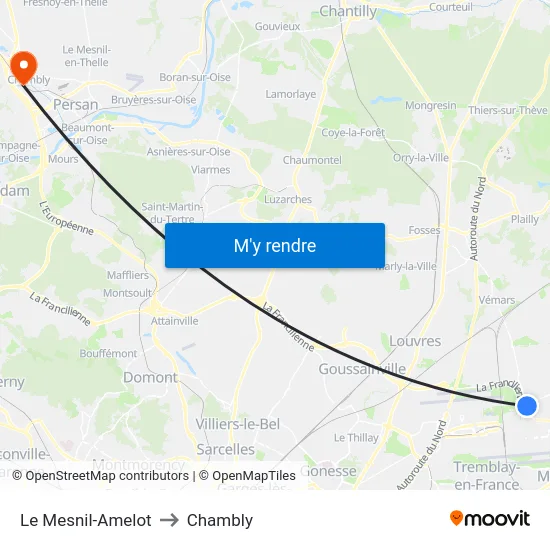 Le Mesnil-Amelot to Chambly map