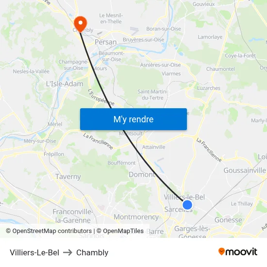 Villiers-Le-Bel to Chambly map