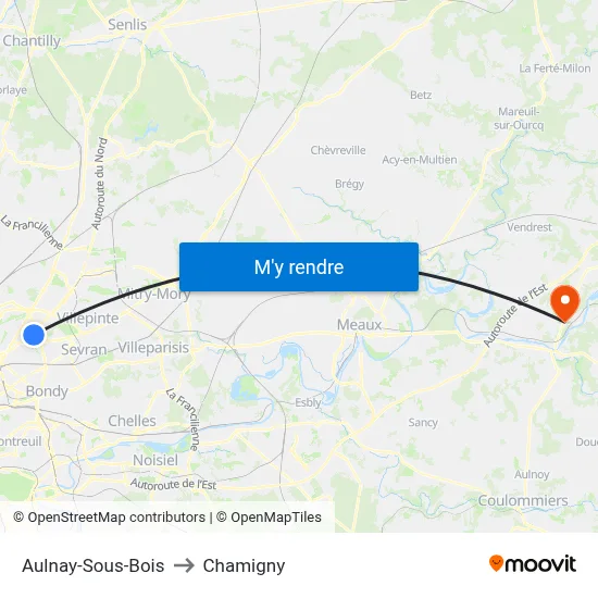 Aulnay-Sous-Bois to Chamigny map