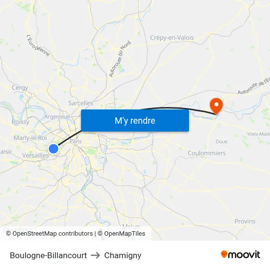 Boulogne-Billancourt to Chamigny map