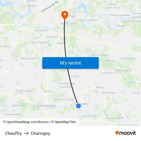 Chauffry to Chamigny map