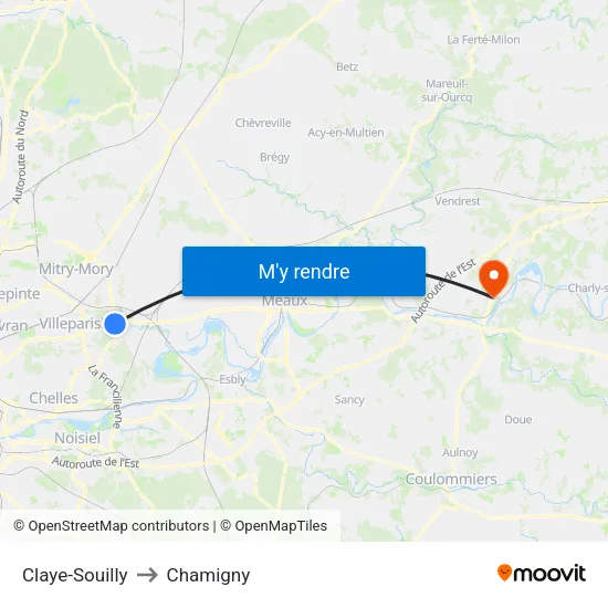 Claye-Souilly to Chamigny map