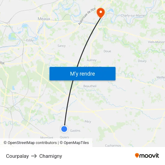 Courpalay to Chamigny map