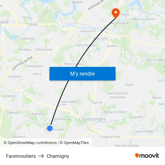 Faremoutiers to Chamigny map