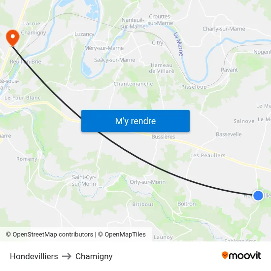 Hondevilliers to Chamigny map