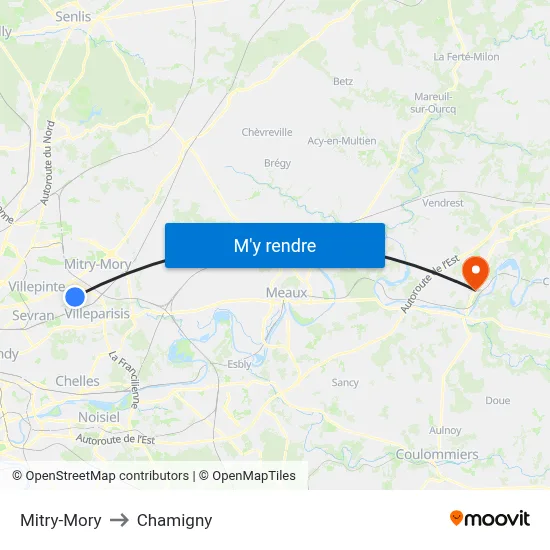 Mitry-Mory to Chamigny map