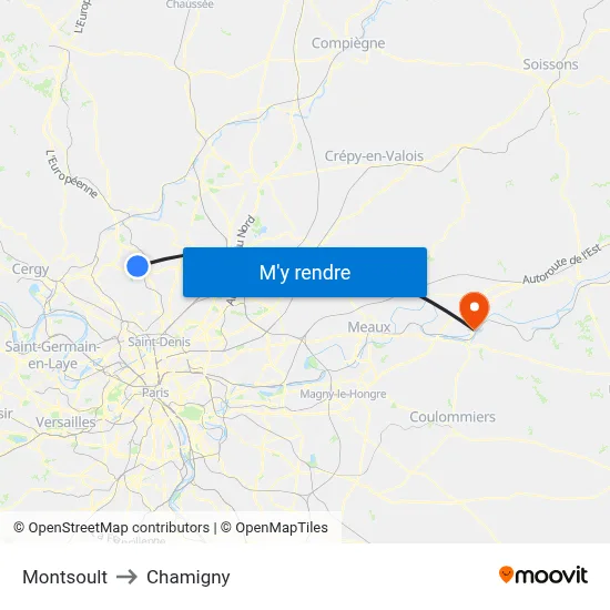 Montsoult to Chamigny map