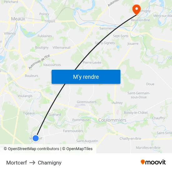 Mortcerf to Chamigny map
